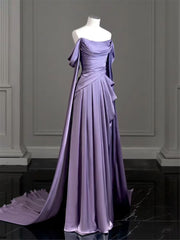 Party Dress With Sleeves, Elegant Purple Satin Prom Dress, Draped Bodice Formal Party Dress