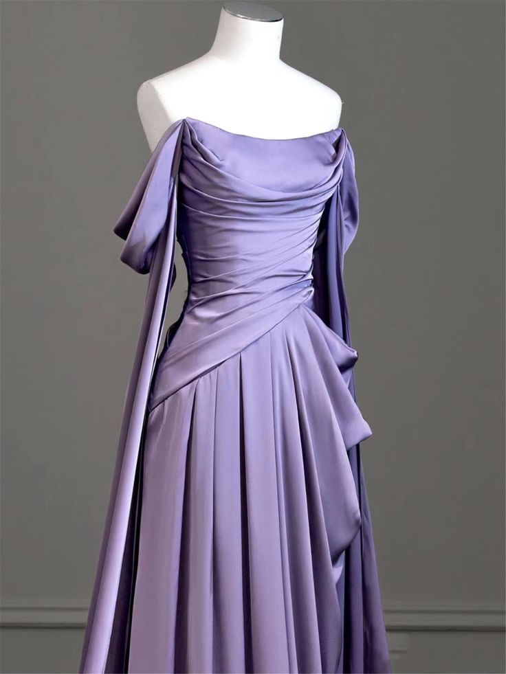 Party Dress Sleeve, Elegant Purple Satin Prom Dress, Draped Bodice Formal Party Dress