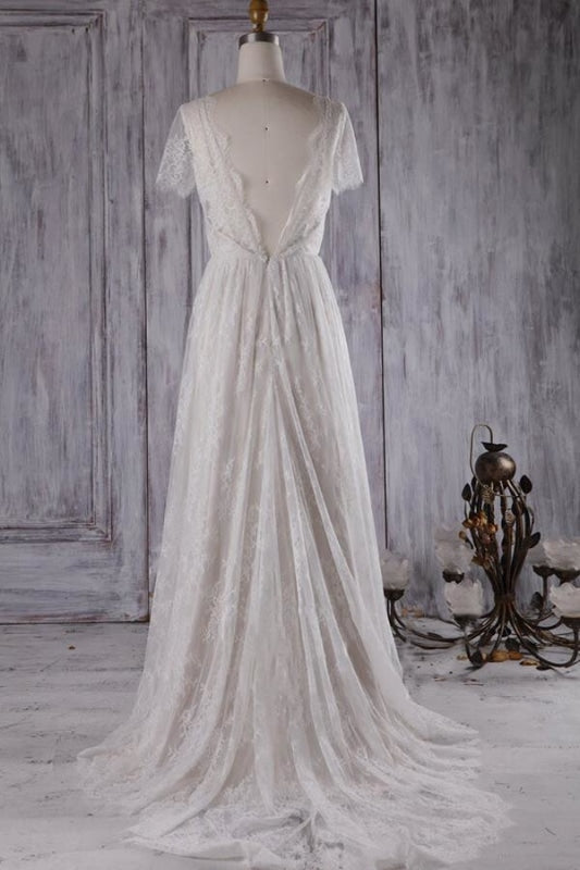 Wedding Dress Online Shops, Elegant Short Sleeve A-line Lace Wedding Dress