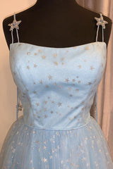Bridesmaid Dresses Peach, Elegant Spaghetti Straps A-Line Light Sky Blue Tulle Formal Dresses