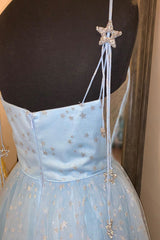 Bridesmaid Dress Blushing Pink, Elegant Spaghetti Straps A-Line Light Sky Blue Tulle Formal Dresses