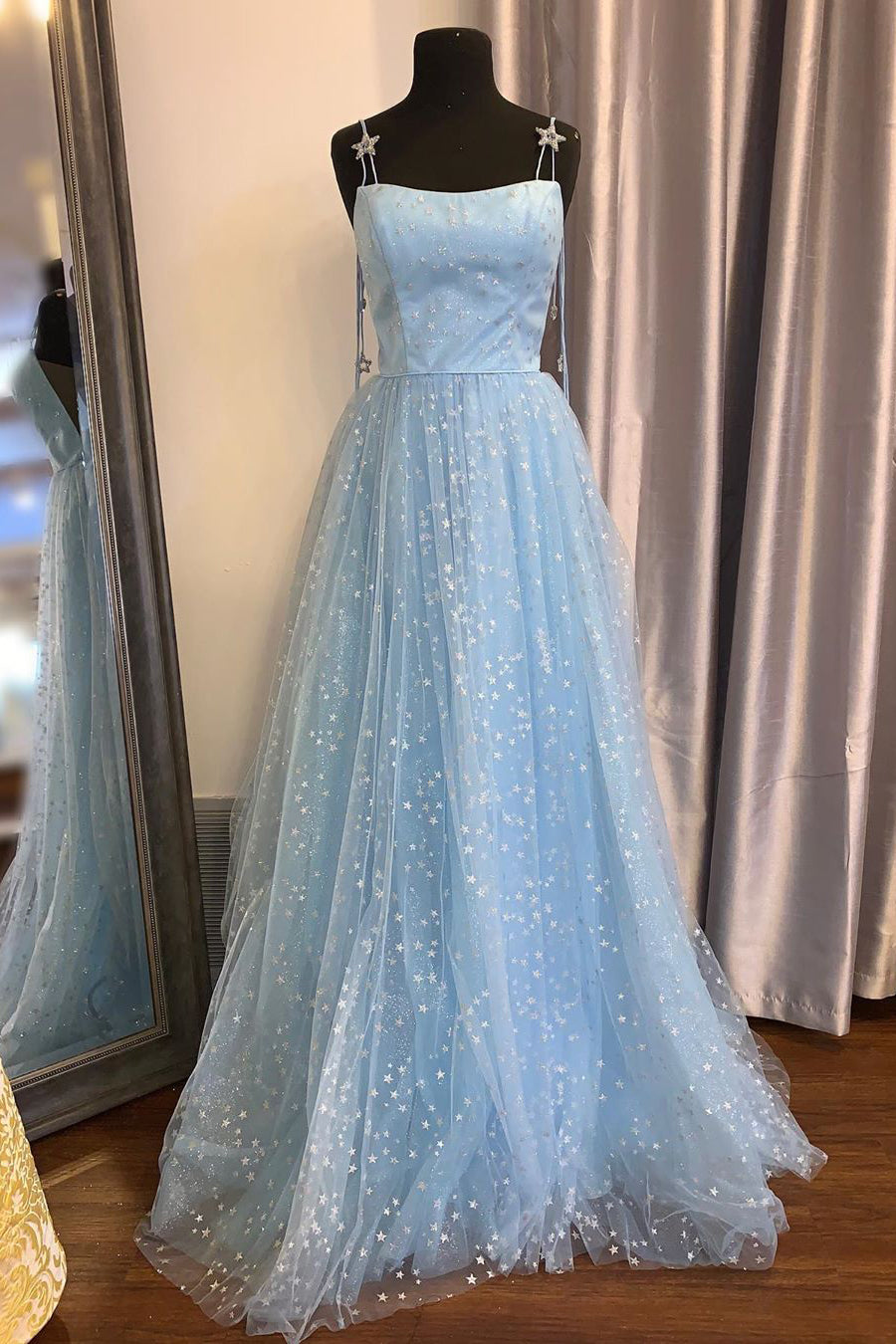 Bridesmaid Dresses Dusty Rose, Elegant Spaghetti Straps A-Line Light Sky Blue Tulle Formal Dresses