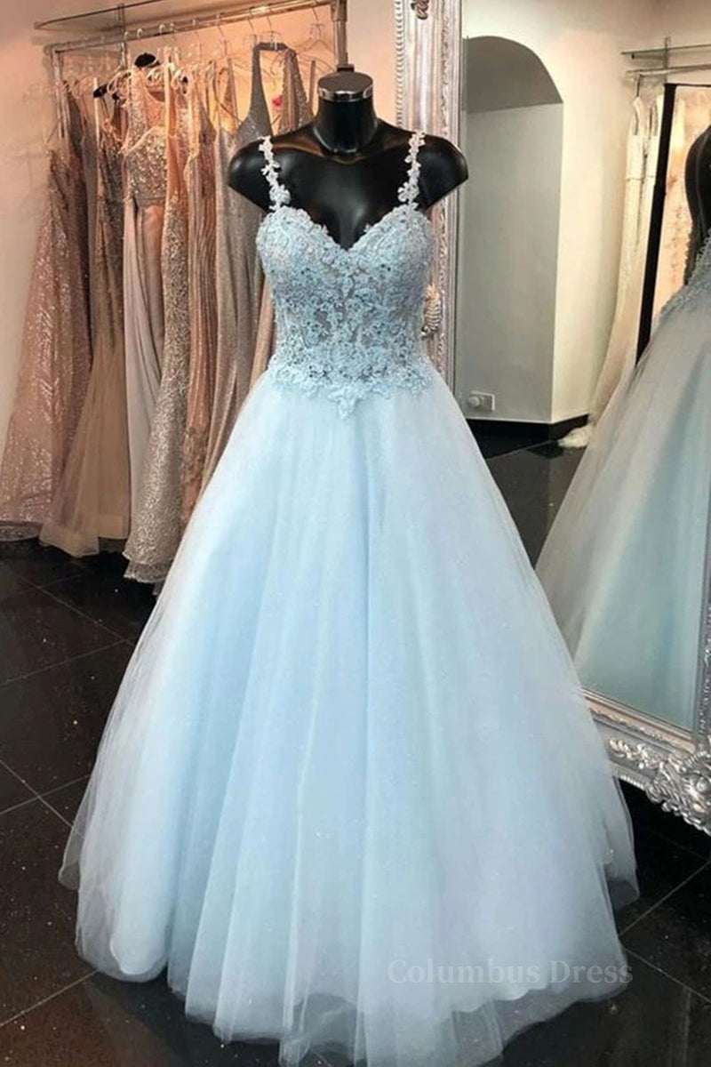 Formal Dress With Embroidered Flowers, Elegant Spaghetti Straps Backless Long Blue Lace Prom Dress, Backless Blue Lace Formal Graduation Evening Dress