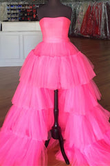 Wedding Photo Ideas, Elegant Strapless Layered Hot Pink Long Prom Dress with Slit Formal Gown