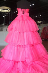 Mermaid Wedding Dress, Elegant Strapless Layered Hot Pink Long Prom Dress with Slit Formal Gown