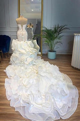 Wedding Dresses Long Sleeves, Elegant Sweetheart Lace Up Crystal Mermaid Wedding Dresses