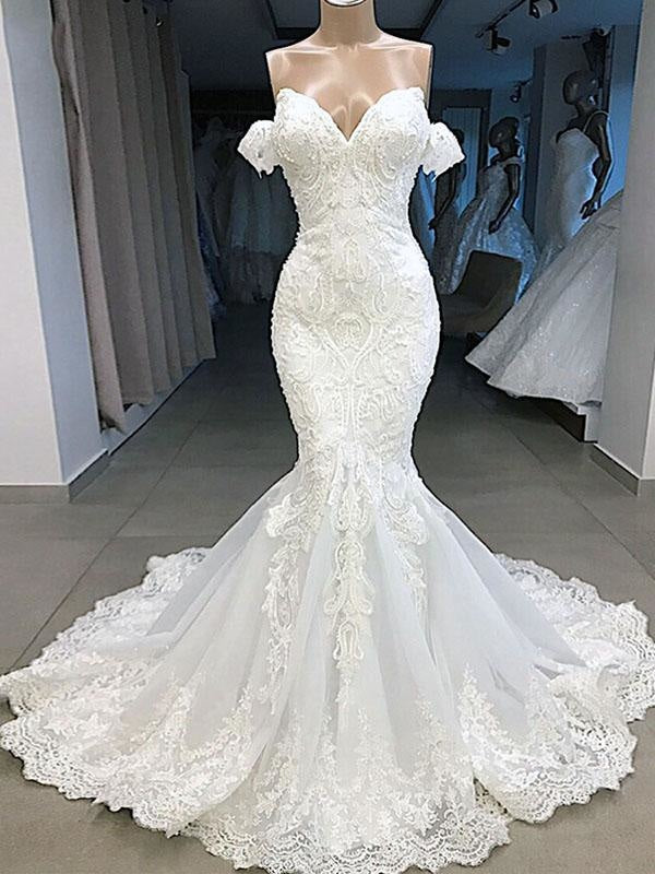 Wedding Dresses Style, Elegant Sweetheart Short Sleeves Lace Mermaid Wedding Dresses