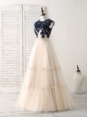 Bridesmaids Dress Champagne, Elegant Tulle Lace Applique Long Prom Dress Tulle Evening Dress