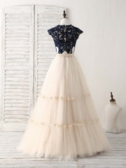 Bridesmaid Dress Champagne, Elegant Tulle Lace Applique Long Prom Dress Tulle Evening Dress