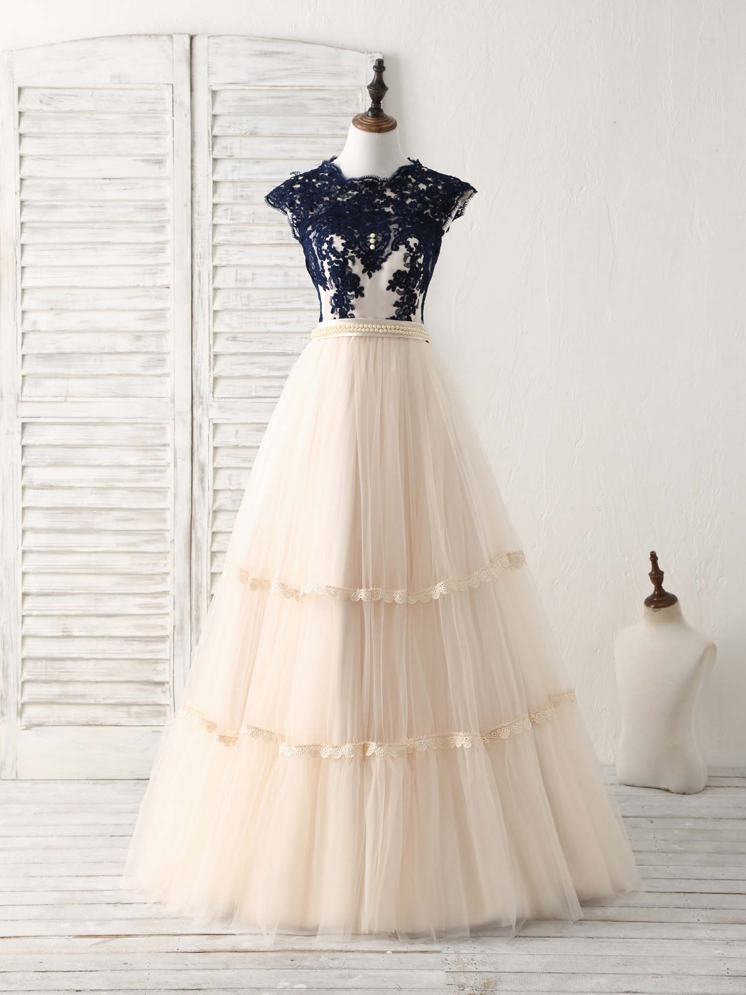 Bridesmaids Dresses Champagne, Elegant Tulle Lace Applique Long Prom Dress Tulle Evening Dress