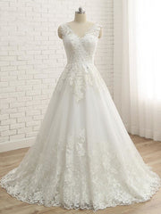 Wedding Dress Color, Elegant V-Neck Lace Ball Gown Wedding Dresses