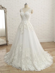 Wedding Dress Colors, Elegant V-Neck Lace Ball Gown Wedding Dresses