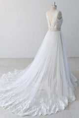 Wedding Dresses Bridesmaids, Elegant V-neck Lace Tulle A-line Wedding Dress