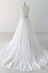 Wedding Dress Backless, Elegant V-neck Lace Tulle A-line Wedding Dress