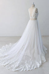 Wedding Dresses Backless, Elegant V-neck Lace Tulle A-line Wedding Dress