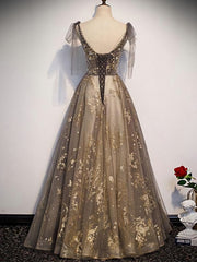 Prom Dresses For Chubby Girls, Elegant V-neck Organza Grey Lace A-line Spaghetti Straps Lace-up Back Long Prom Dress