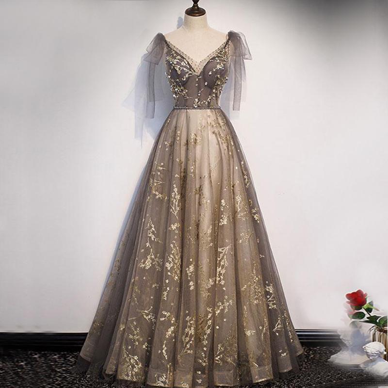 Prom Dresses 2034 Black, Elegant V-neck Organza Grey Lace A-line Spaghetti Straps Lace-up Back Long Prom Dress