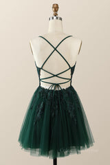 Prom Dress 2029, Emerald Green Appliques A-line Short Homecoming Dress