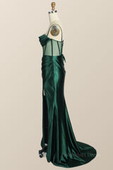 Evening Dress V Neck, Emerald Green Mermaid Satin Long Formal Dress