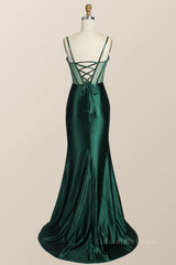 Evening Dresses V Neck, Emerald Green Mermaid Satin Long Formal Dress