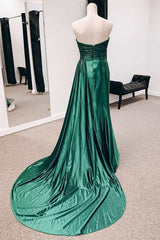 Party Dresses Long Dress, Emerald Green Satin Strapless Long Formal Dresses with Train