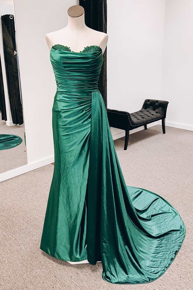Party Dress Websites, Emerald Green Satin Strapless Long Formal Dresses with Train