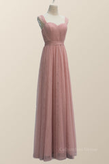 Party Outfit Night, Empire Blush Pink Tulle A-line Long Bridesmaid Dress