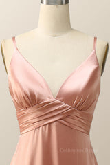 Prom Dress Short, Empire Blush Silk A-line Long Bridesmaid Dress with Slit