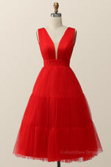 Silk Dress, Empire Red Tulle A-line Midi Dress