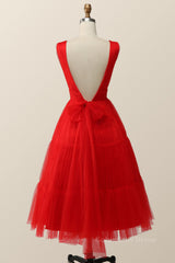 Classy Dress, Empire Red Tulle A-line Midi Dress