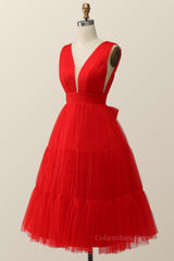 Semi Formal Dress, Empire Red Tulle A-line Midi Dress