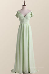 Festival Outfit, Empire Sage Green Chiffon Pleated V Neck Bridesmaid Dress