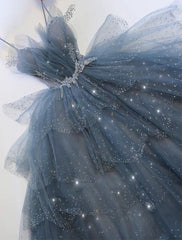 Party Dresses For Christmas Party, Gorgeous Blue Sparkly Tulle Beaded Prom Dress, Tiered Formal Gown with Rhinestone