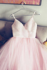Party Dresses For Christmas Party, Light Pink Spaghetti Straps Tulle Long Prom Formal Dress, Puffy Party Dress