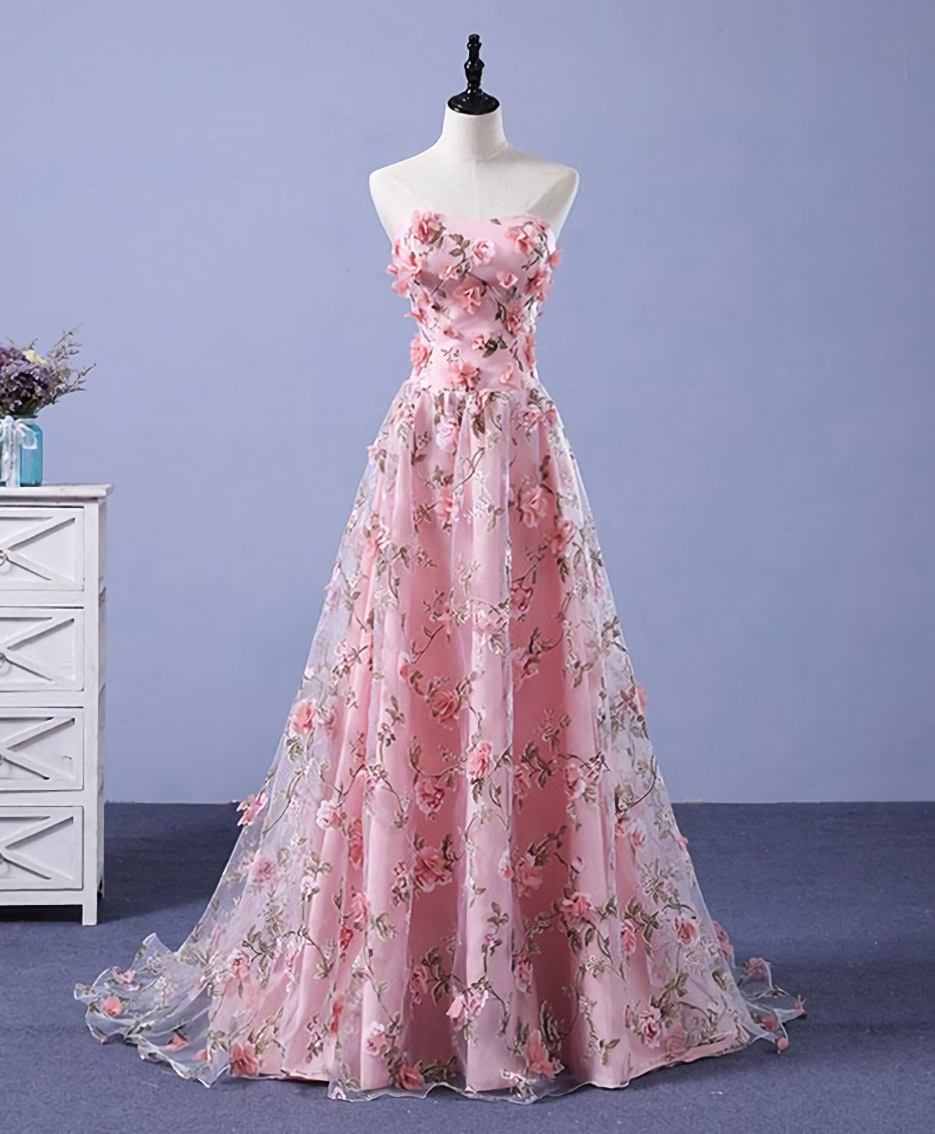 Homecoming Dress Ideas, Pink Tulle 3D Flowers Long Prom Dress, Pink Evening Dress