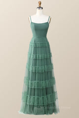 Formal Dress Trends, Eucalyptus Tulle Ruffle Long Dress with Straps