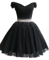 Floral Prom Dress, Fashionable Black Short Beaded Party Dress, Black Prom Dress