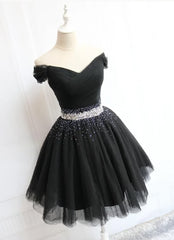 Formal Dress With Embroidered Flowers, Fashionable Black Short Beaded Party Dress, Black Prom Dress