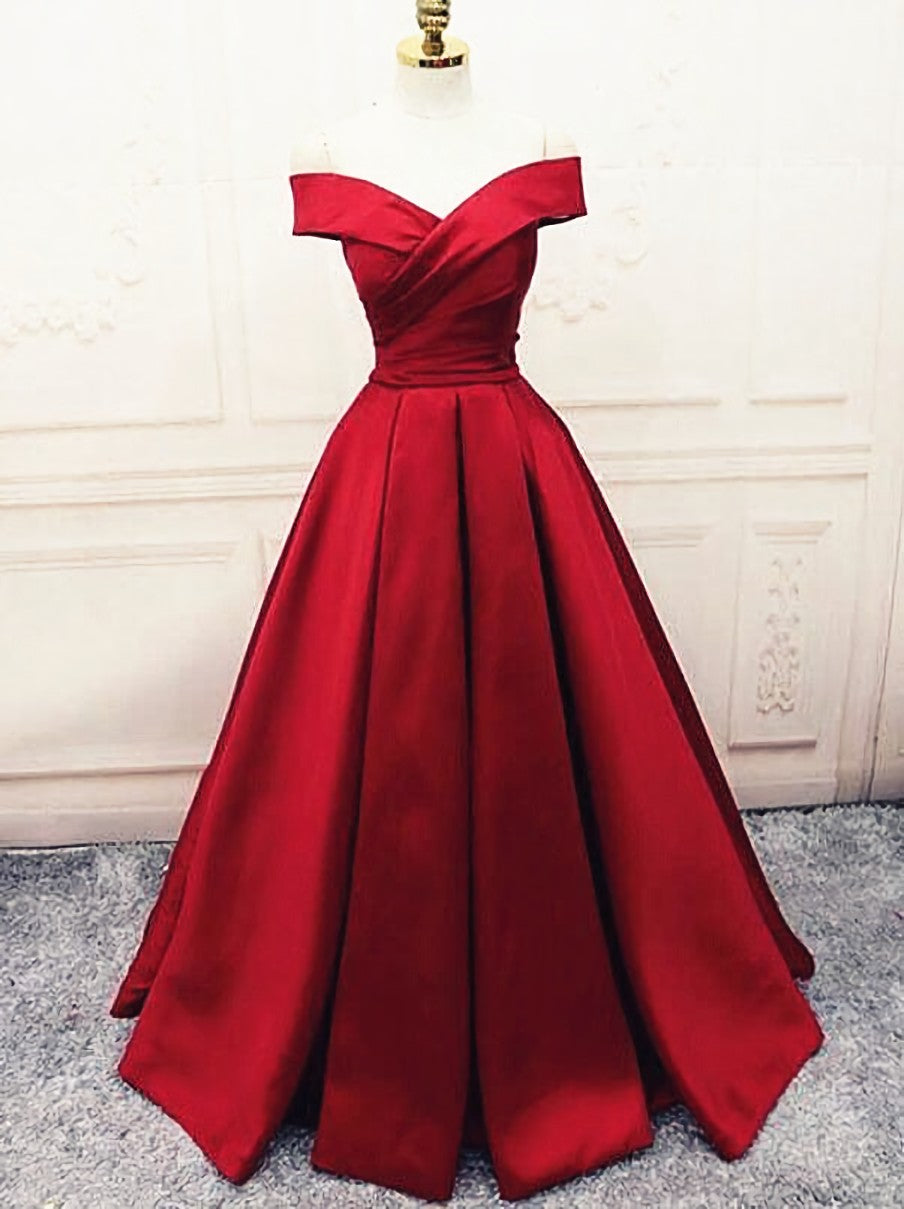Party Dress Online, Fashionable Dark Red Satin Simple Off Shoulder Prom Dress, Red Party Dress Evening Dress