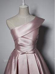 Party Dress Summer, Fashionable Pink Knee Length Satin Short Prom Dress, One Shoulder Bridesmaid Dress