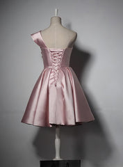 Party Dress Codes, Fashionable Pink Knee Length Satin Short Prom Dress, One Shoulder Bridesmaid Dress