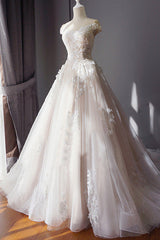Wedding Dresses No Sleeves, Ball Gown Off Shoulder Sleeveless Sweetheart Appliques Beading Tulle Wedding Dresses