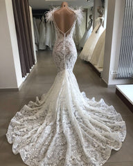 Wedding Dress Trends, Fit and Flare Lace Crystals Necklace Wedding Dresses Open Back Bridal Gowns with Feather