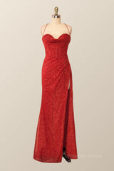 Formal Dresses Wedding, Fitted Red Cowl Neck Long Party Dress with Slit