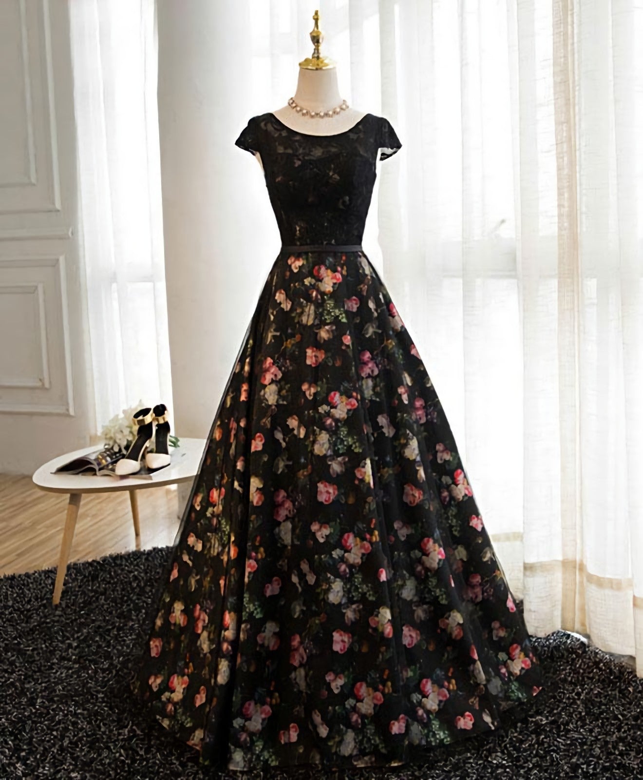 Homecoming Dress Simple, Black Lace Floral Patterns Long Prom Dress, Black Evening Dress