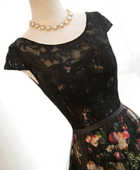 Homecoming Dresses Simple, Black Lace Floral Patterns Long Prom Dress, Black Evening Dress