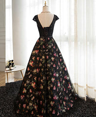 Homecoming Dress Boutiques, Black Lace Floral Patterns Long Prom Dress, Black Evening Dress
