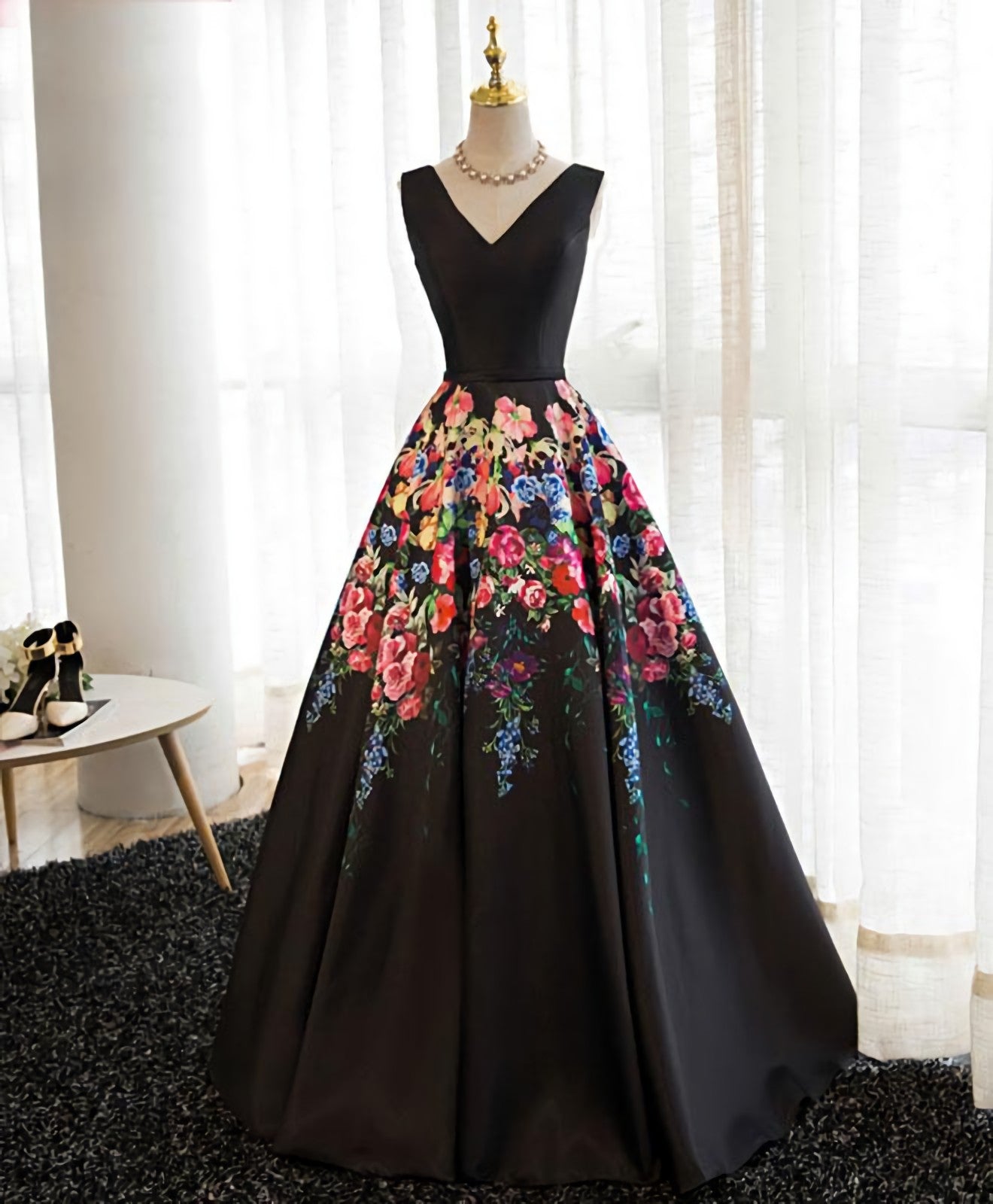 Prom Dresses Styles, Black V Neck Floral Patterns Long Prom Dress, Black Evening Dress