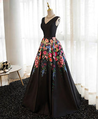 Prom Dress 2046, Black V Neck Floral Patterns Long Prom Dress, Black Evening Dress