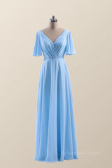 Party Dress On Sale, Flare Sleeves Blue Chiffon A-line Long Bridesmaid Dress